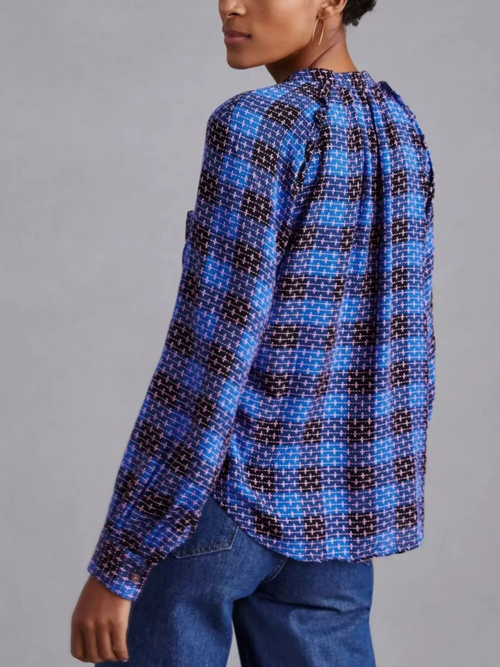 Pilcro Anthropologie blue pink black plaid ruffle button down shirt